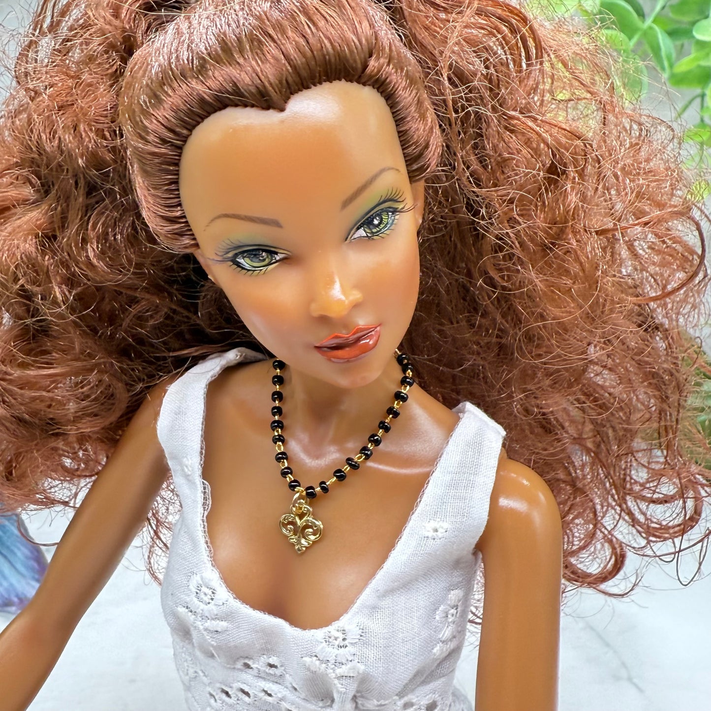 Black Glass Beaded Gold Chain Filigree Pendant Doll Necklace • 16 Inch Fashion Doll Jewelry