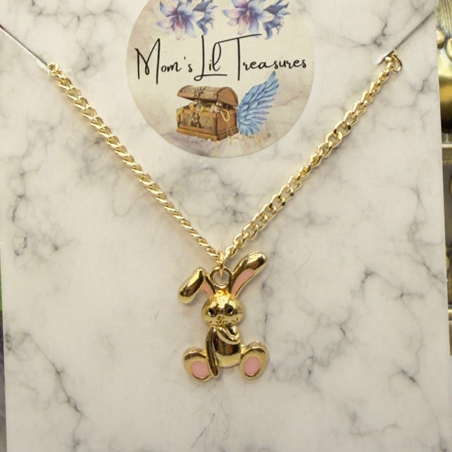 Gold Floppy Ear Bunny Light Pink Enamel Accent Charm Doll Necklace • 18 Inch Fashion Doll Jewelry