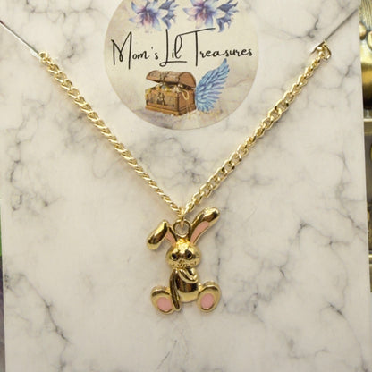 Gold Floppy Ear Bunny Light Pink Enamel Accent Charm Doll Necklace • 18 Inch Fashion Doll Jewelry