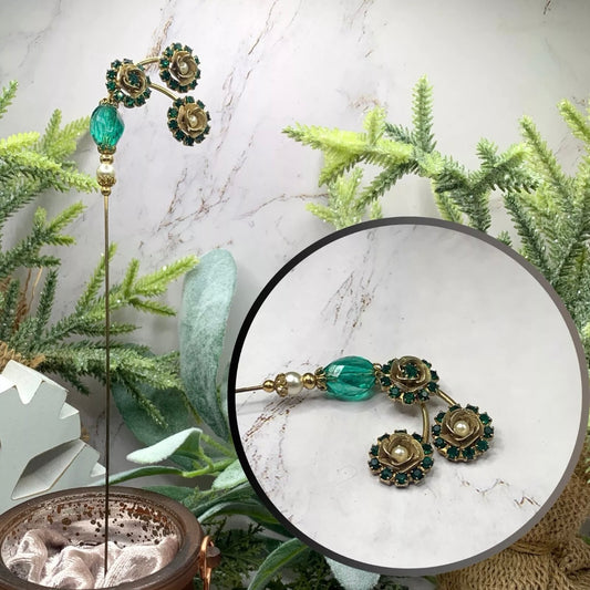Green Glass Rhinestone Gold Tone Flower Design Pearl Accents -  9.25” • Hatpin