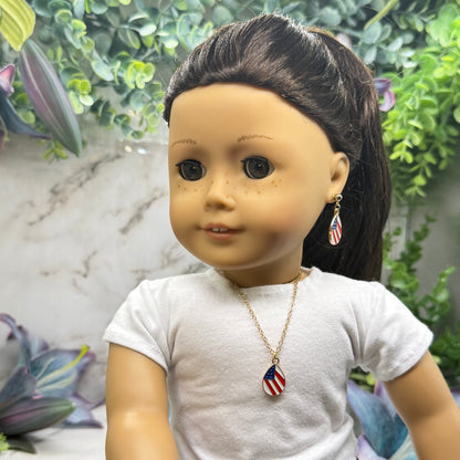 Red White Blue Patriotic Flag Design Teardrop Charm Doll Necklace & 2mm Post Earrings for 18 Inch Fashion Doll