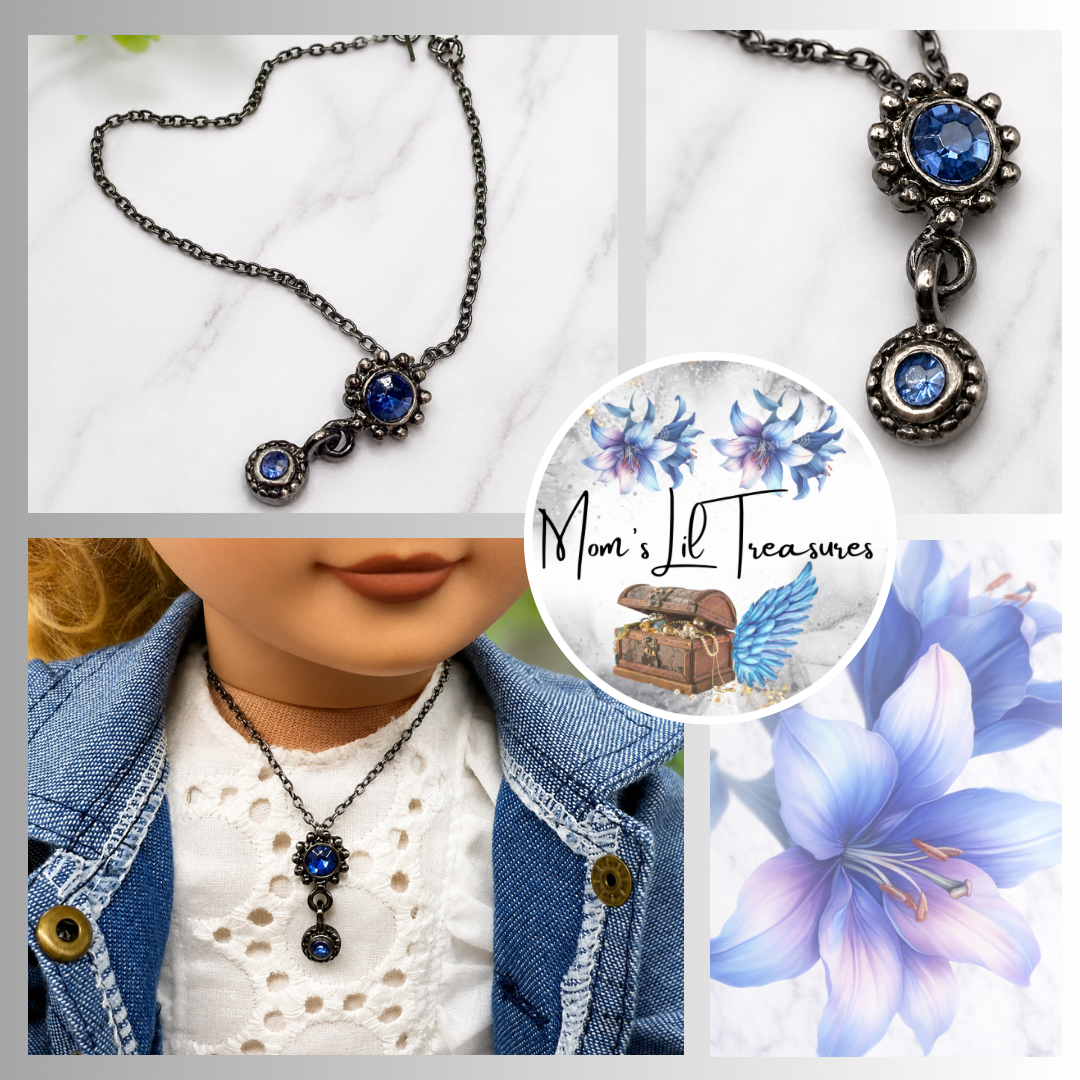 Blue Rhinestone Pendant Gun Metal Silver Chain Doll Necklace• 18 Inch Fashion Doll Jewelry