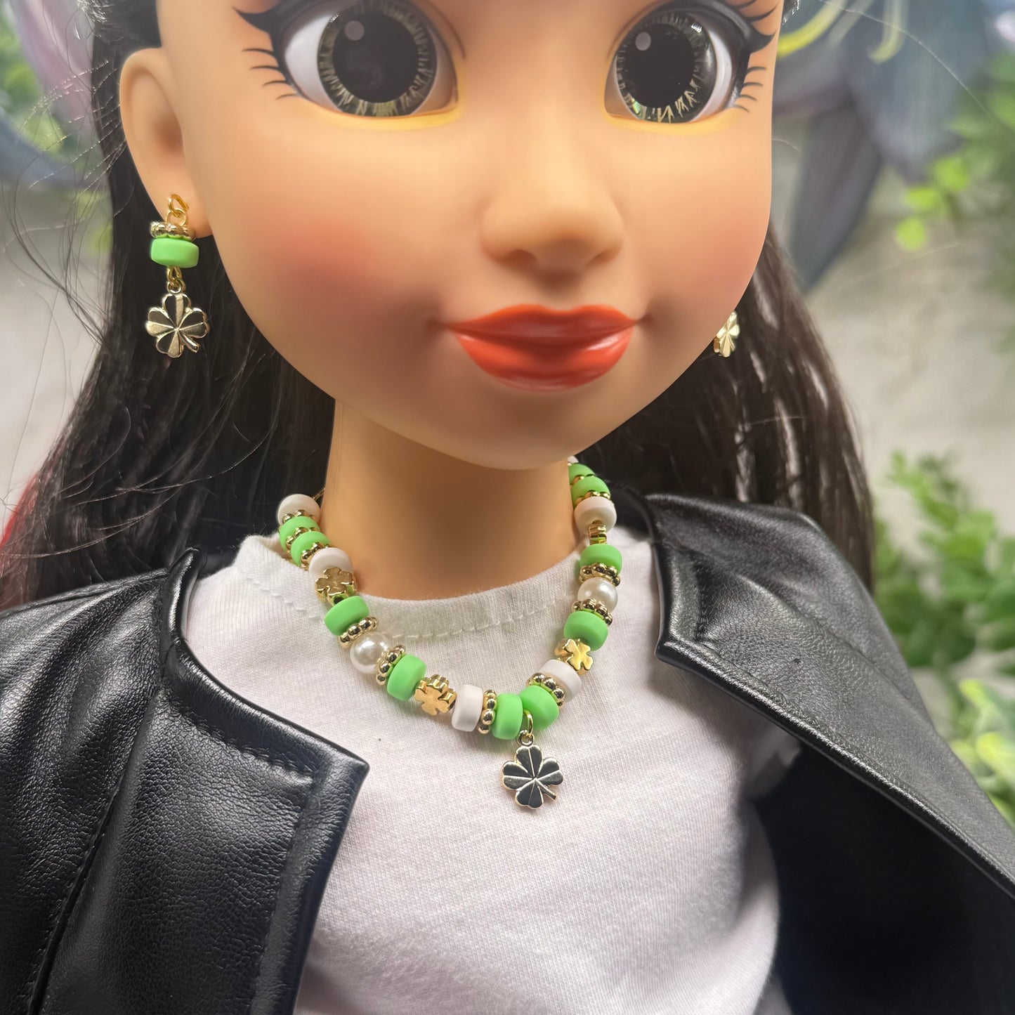 Green White Beaded Gold Four-Leaf Clover Charms Doll Necklace & Earrings • 18 Inch Fashion Doll Jewelry
