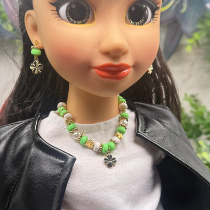 Green White Beaded Gold Four-Leaf Clover Charms Doll Necklace & Earrings • 18 Inch Fashion Doll Jewelry
