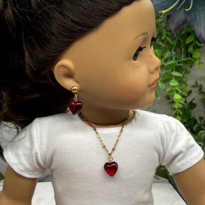 Red Burgundy Heart Pendant Gold Chain Doll Necklace & Earrings • 2mm Post for 18 Inch Fashion Doll