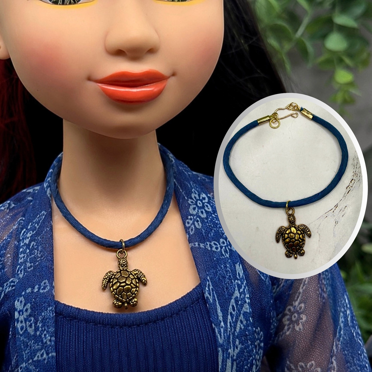 Gold Turtle Charm Blue Fabric Cord Doll Necklace • 18 Inch Fashion Doll Jewelry