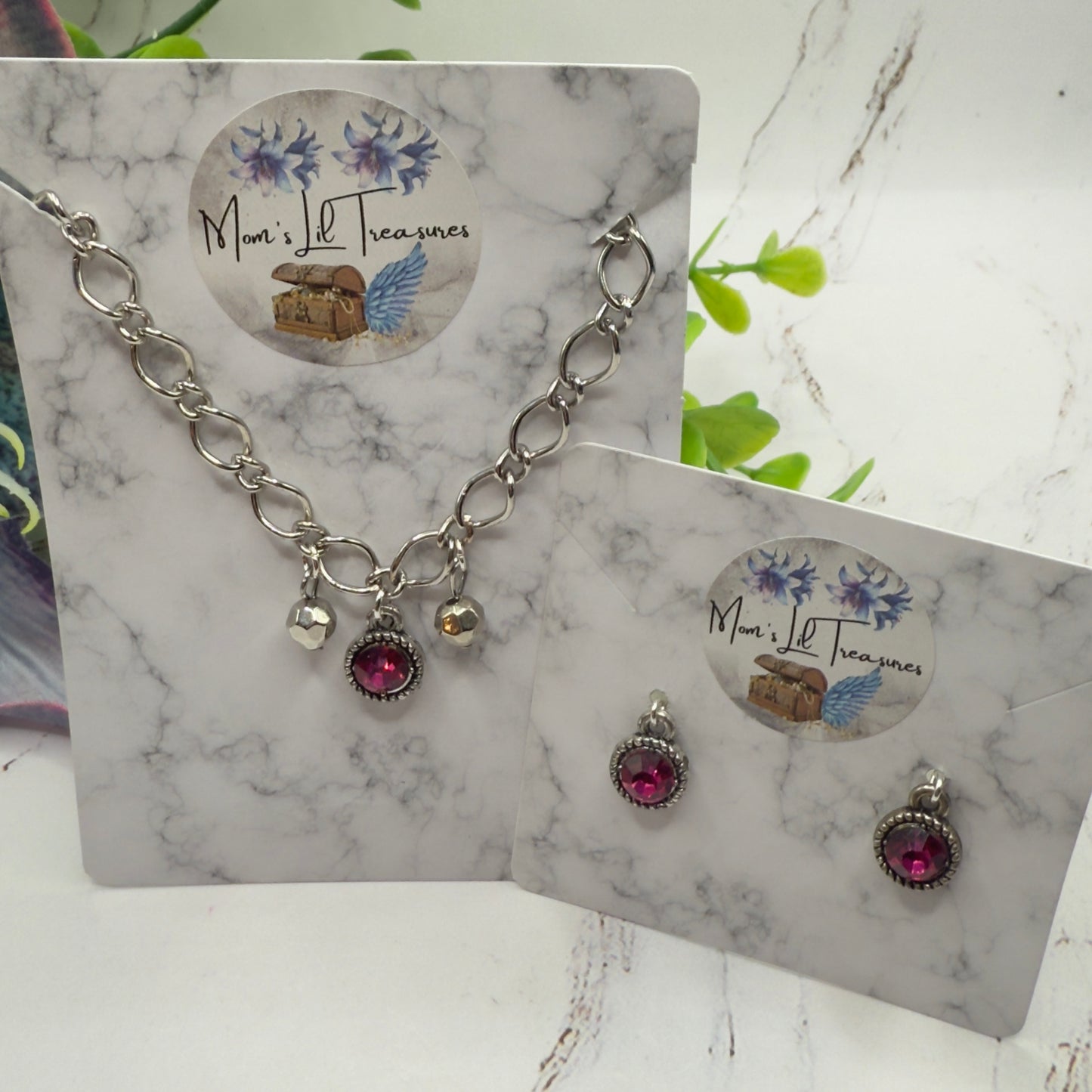 Dark Pink Rhinestone Large Silver Link Necklace & Earrings Set • 18 Inch Fashion Doll Jewelry