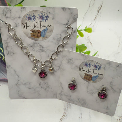 Dark Pink Rhinestone Large Silver Link Necklace & Earrings Set • 18 Inch Fashion Doll Jewelry