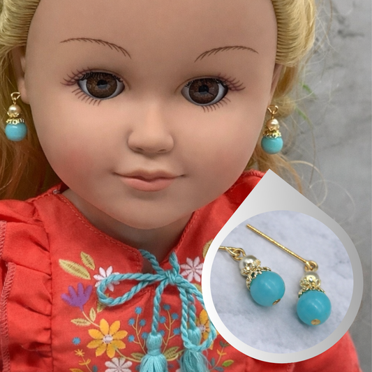 Turquoise Blue Glass Pearl Gold Tone Doll Earrings • 18” Fashion Doll Jewelry