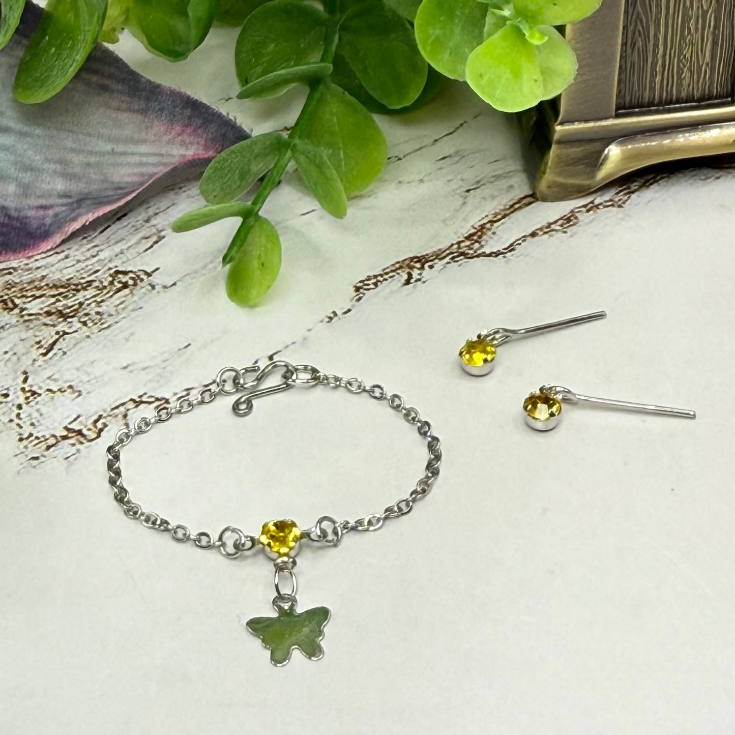 Yellow Rhinestone Silver Butterfly Charm Doll Necklace & Earrings for 16 Inch Fashion Dolls