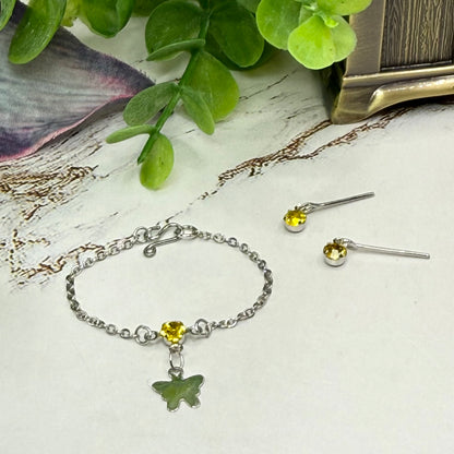 Yellow Rhinestone Silver Butterfly Charm Doll Necklace & Earrings for 16 Inch Fashion Dolls