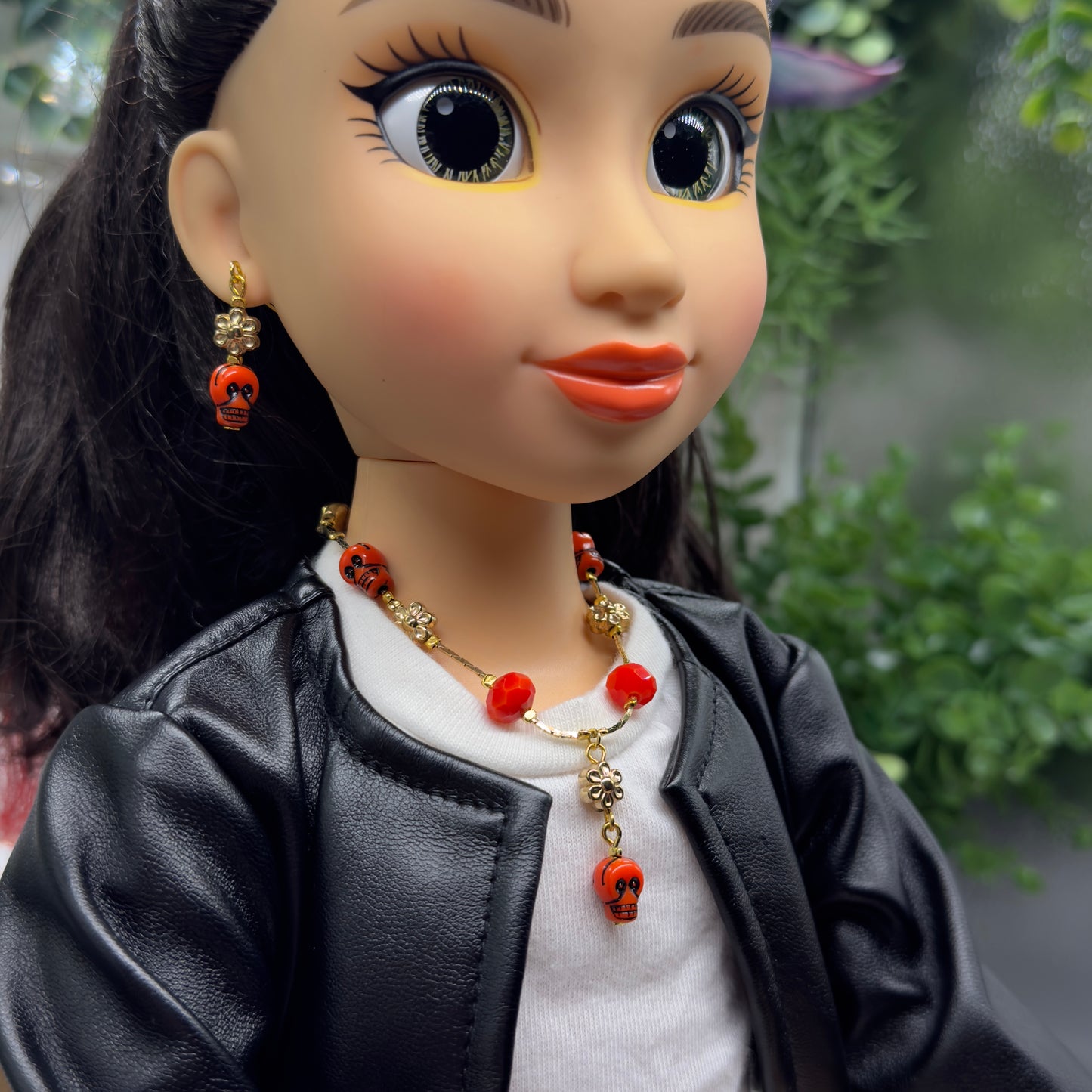 Red Skull Flower Charm Halloween Acrylic Beaded Gold Chain Doll Necklace and Earrings Set • 18 Inch Fashion Doll Jewelry