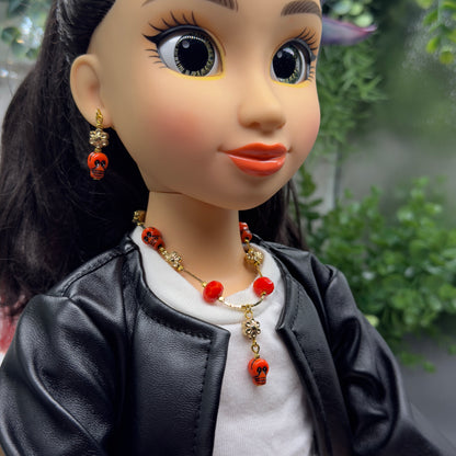 Red Skull Flower Charm Halloween Acrylic Beaded Gold Chain Doll Necklace and Earrings Set • 18 Inch Fashion Doll Jewelry
