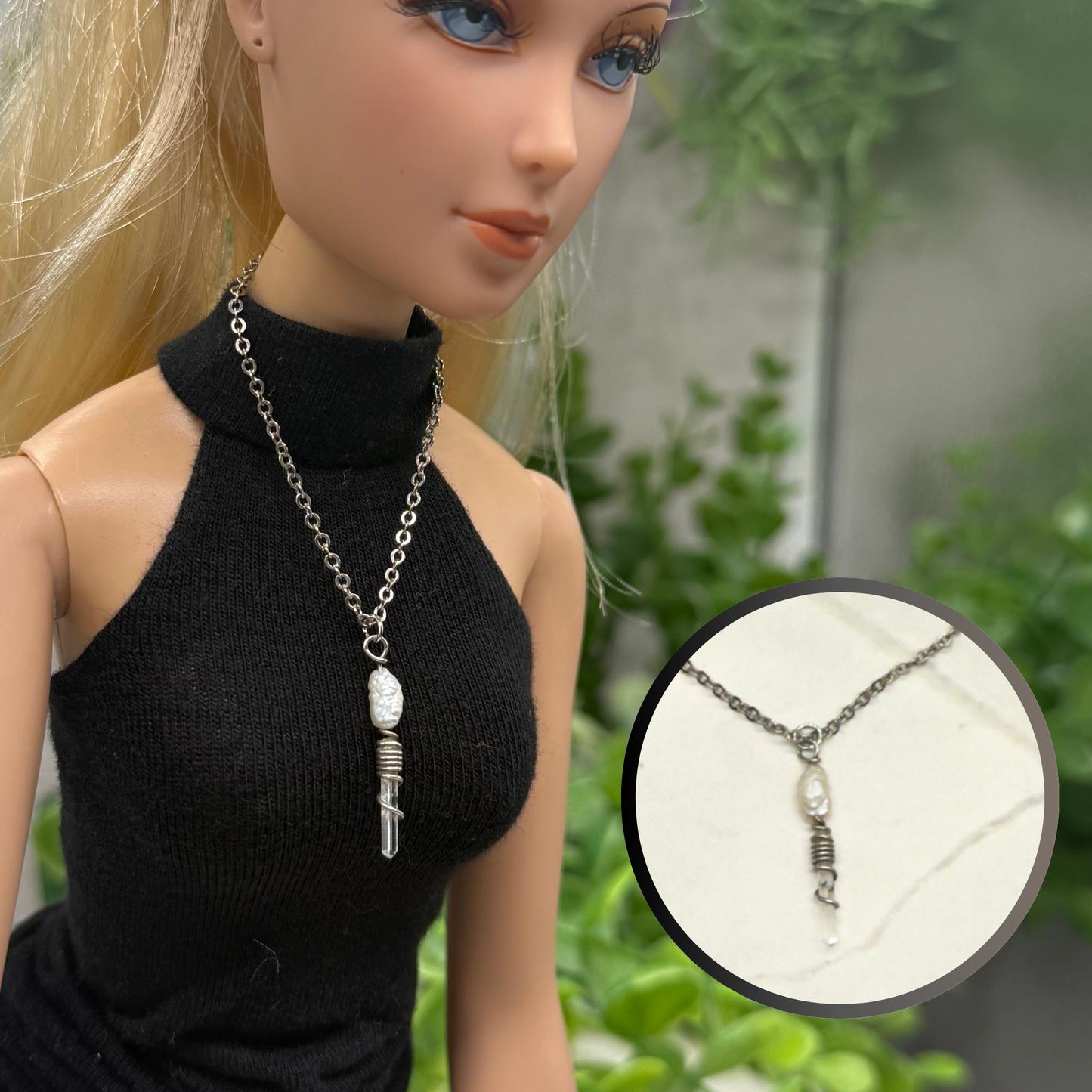 Crystal Quartz & Pearl Pendant Doll Necklace • 16 inch Fashion Doll Jewelry