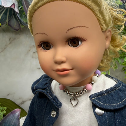 Pink Purple Silver Beaded Heart Charm Doll Necklace • 18 Inch Fashion Doll Jewelry