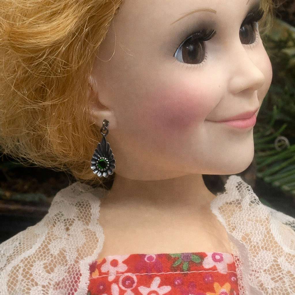 Green Rhinestone Silver Teardrop Doll Earrings for 18-22” Vintage Doll  Jewelry