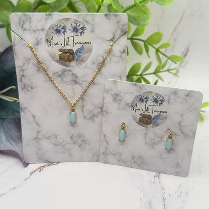 Blue Glass Rectangular Dangle Gold Chain Doll Necklace Earrings Set • 18 Inch Fashion Doll Jewelry