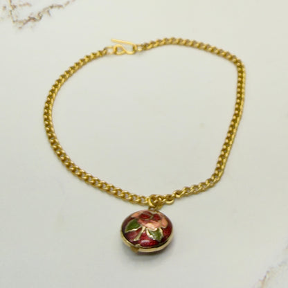 Burgundy Rose Design Round Cloisonné Pendant Doll Necklace • 18 Inch Fashion Doll Jewelry