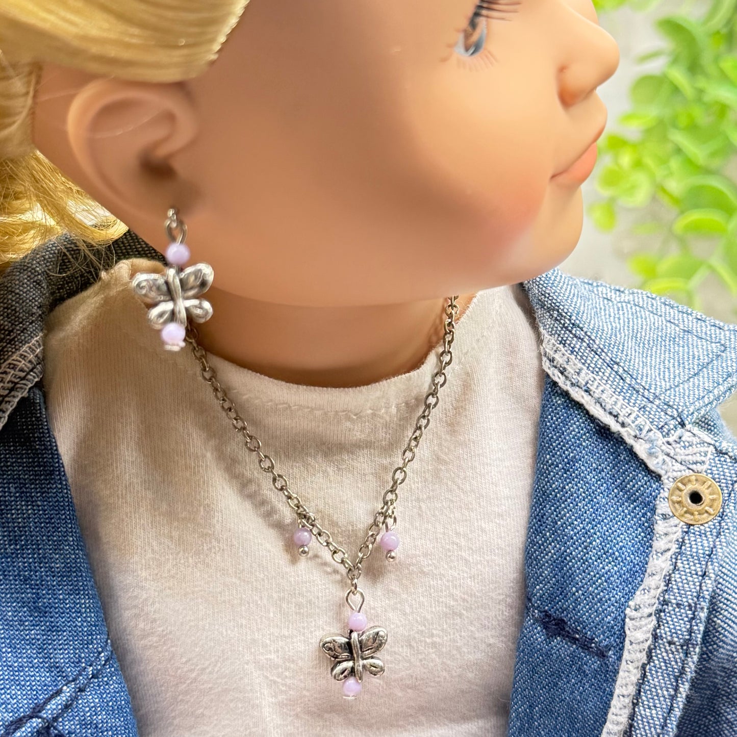 Silver Butterfly Light Purple Bead Accent Charm Doll Necklace & Earrings • 18 Inch Fashion Doll Jewelry