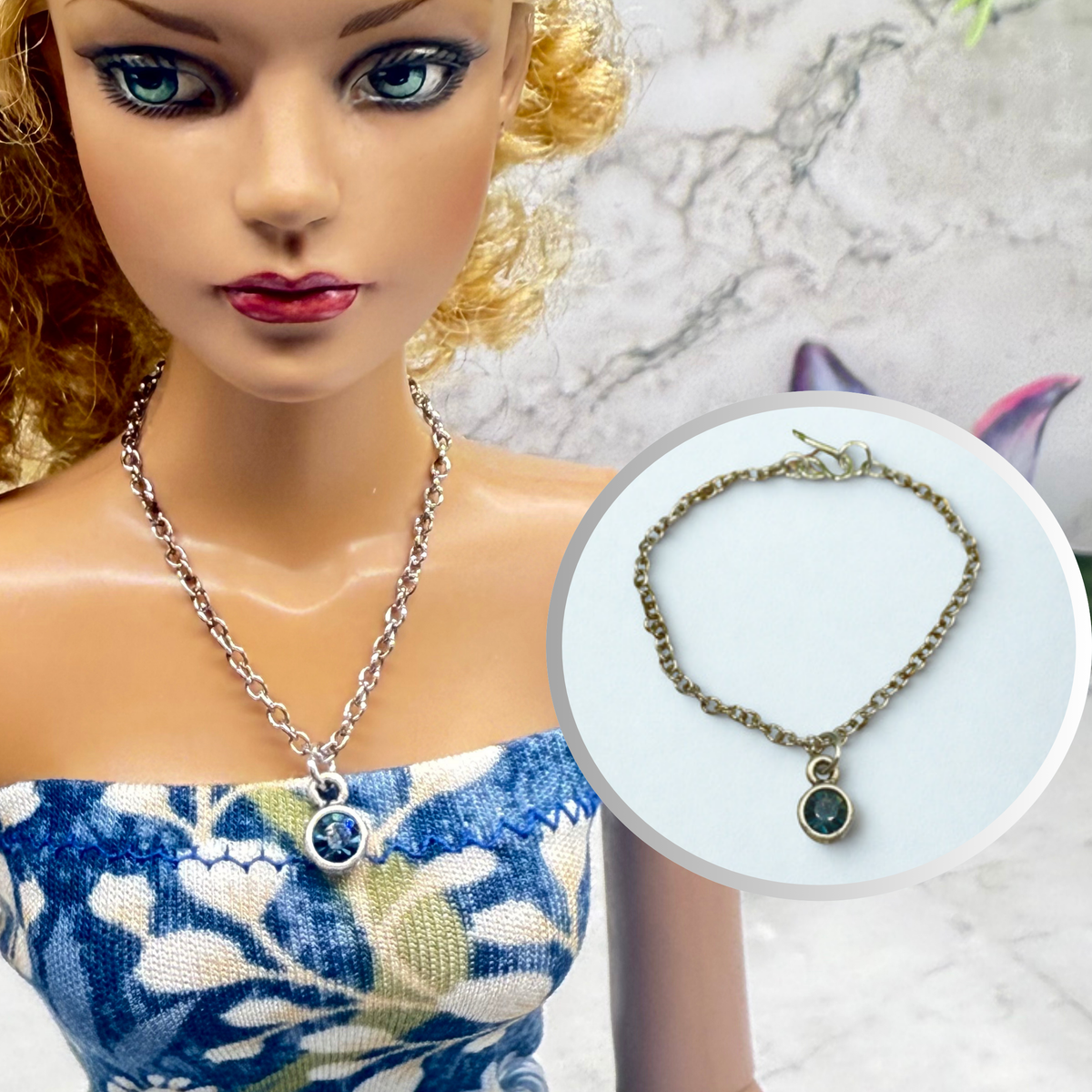 Dark Blue Round Rhinestone Pendant Silver Chain Doll Necklace • necklace measures 4.25 inches long • necklace shown on 16-inch Tonner - Sydney Chase “Envy” doll 