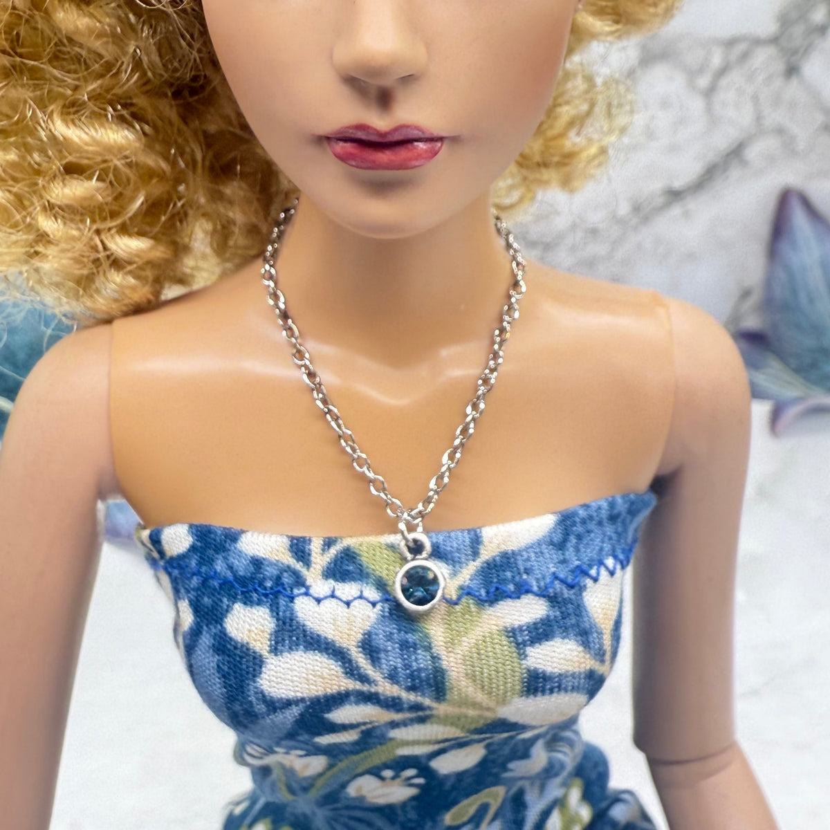 Dark Blue Round Rhinestone Pendant Silver Chain Doll Necklace • necklace measures 4.25 inches long • necklace shown on 16-inch Tonner - Sydney Chase “Envy” doll 