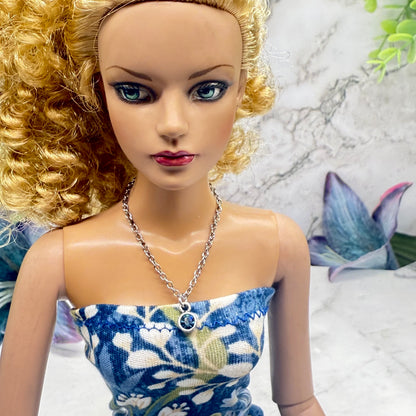 Dark Blue Round Rhinestone Pendant Silver Chain Doll Necklace • necklace measures 4.25 inches long • necklace shown on 16-inch Tonner - Sydney Chase “Envy” doll 