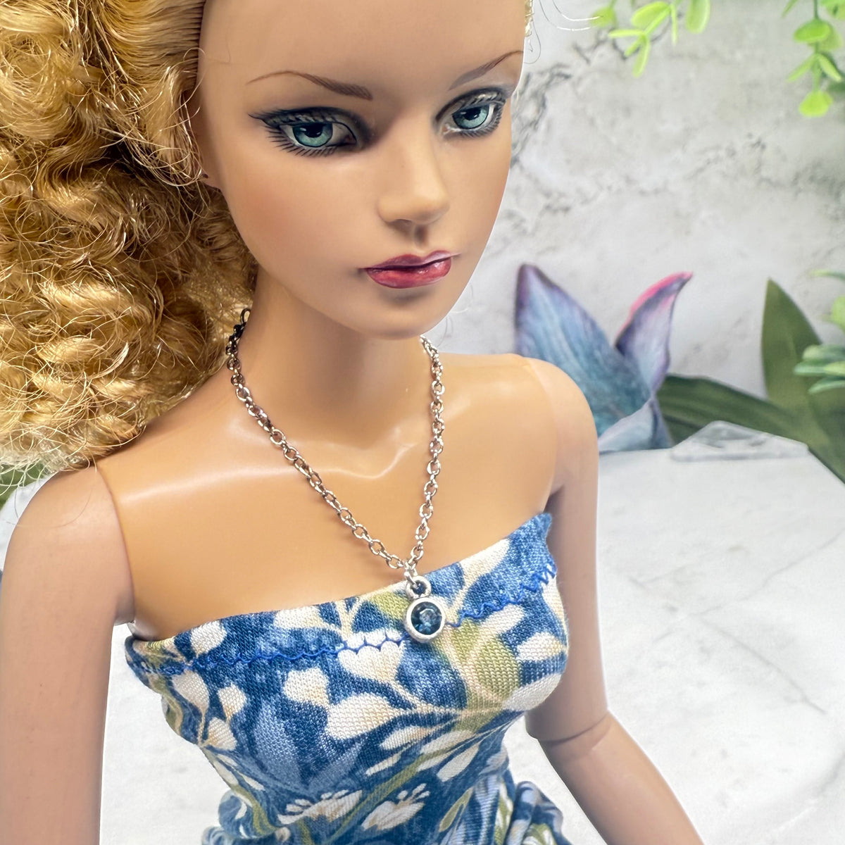Dark Blue Round Rhinestone Pendant Silver Chain Doll Necklace • necklace measures 4.25 inches long • necklace shown on 16-inch Tonner - Sydney Chase “Envy” doll 