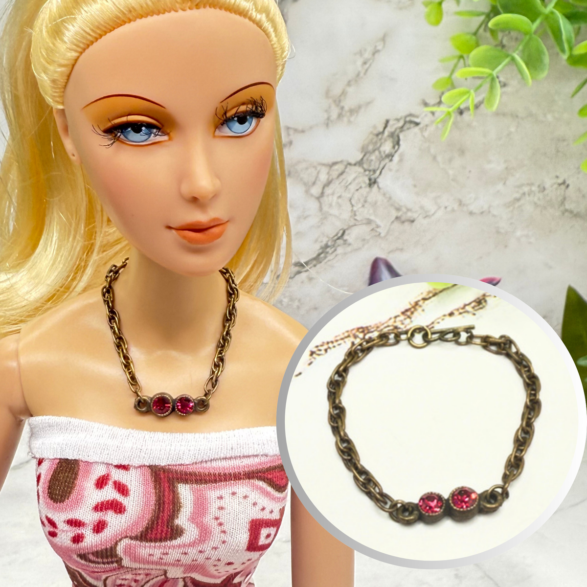 Dark Pink Red Rhinestone Bronze Copper Tone Chain Doll Necklace • Necklace measures 4 inches long • necklace shown on 16 Inch  Madame Alexander - Alex doll