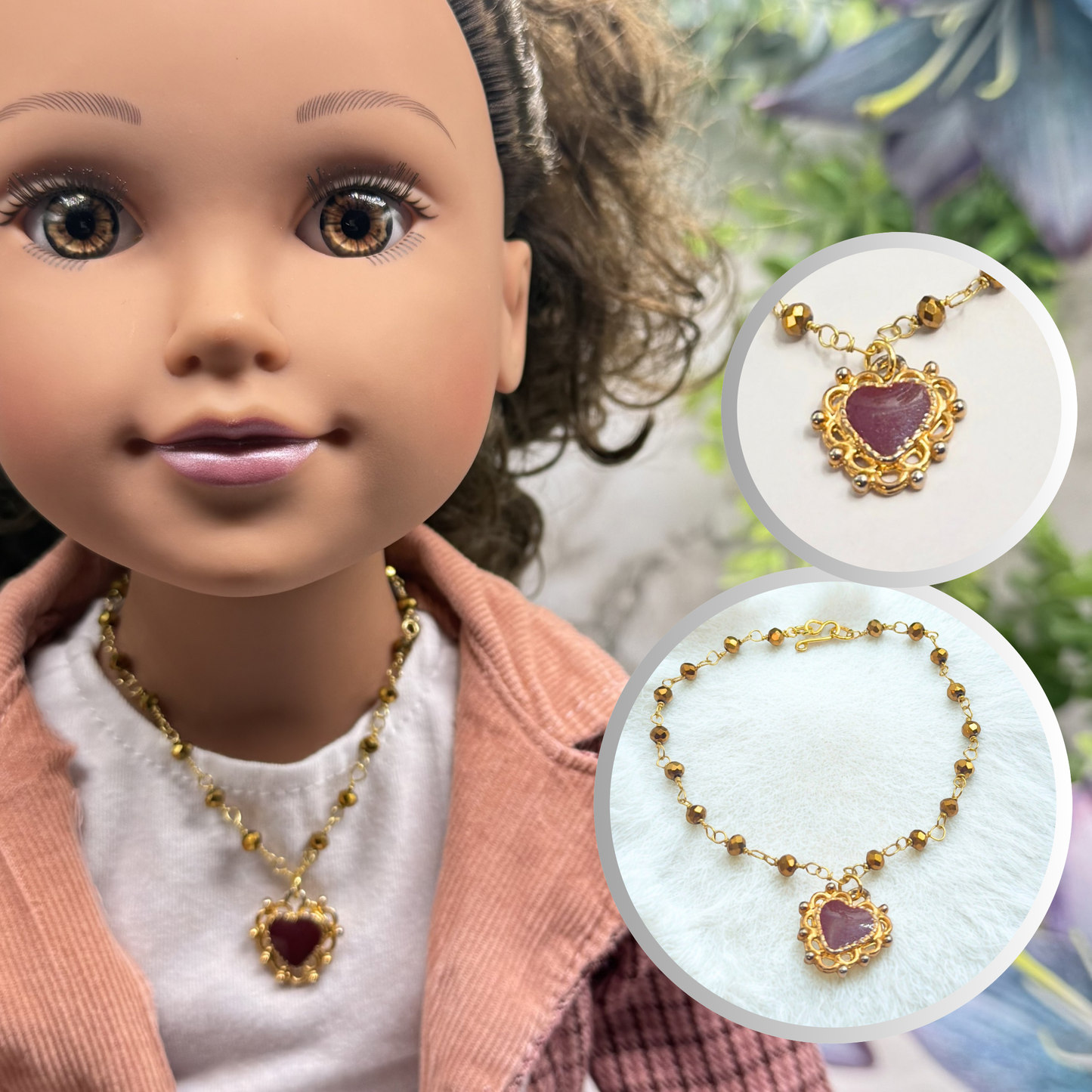 Gold Bronze Glass Crystal Beaded Maroon Red Heart Pendant Doll Necklace • 18 Inch Fashion Doll Jewelry