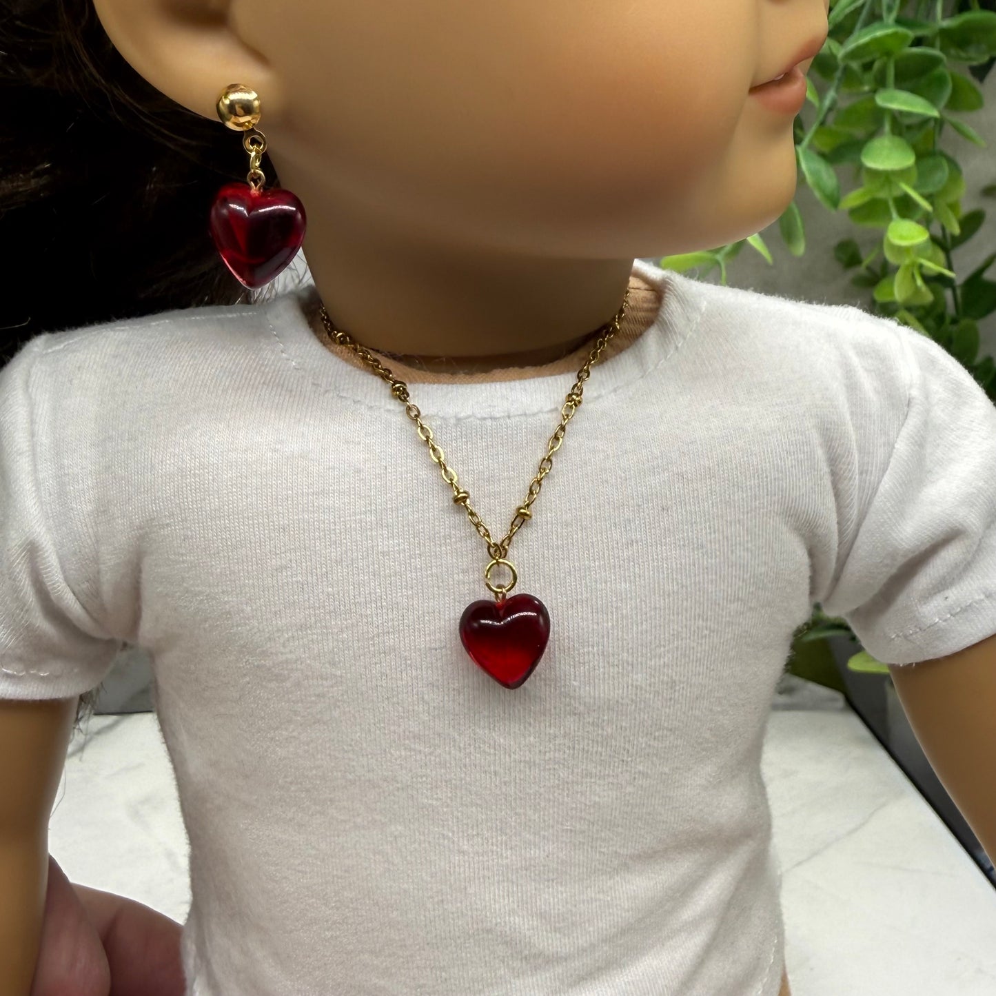 Red Burgundy Heart Pendant Gold Chain Doll Necklace & Earrings • 2mm Post for 18 Inch Fashion Doll