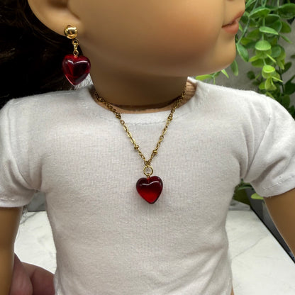 Red Burgundy Heart Pendant Gold Chain Doll Necklace & Earrings • 2mm Post for 18 Inch Fashion Doll
