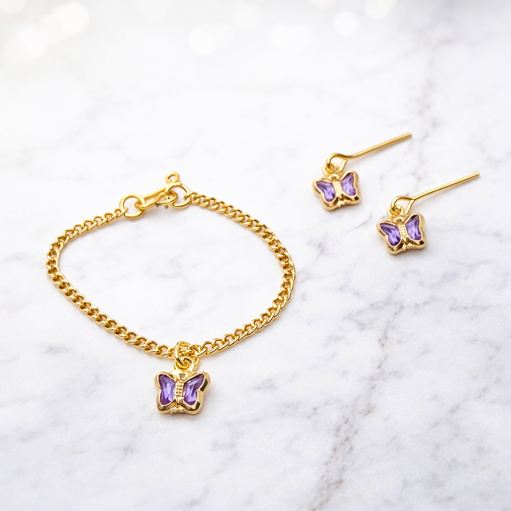 Purple Acrylic Crystal Butterfly Charm Gold Doll Necklace and Earrings for 16 Inch Fashion Dolls