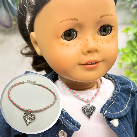 Pink Blue White Braided Thread Silver Heart yuhCharm Doll Necklace • 18 Inch Fashion Doll Jewelry