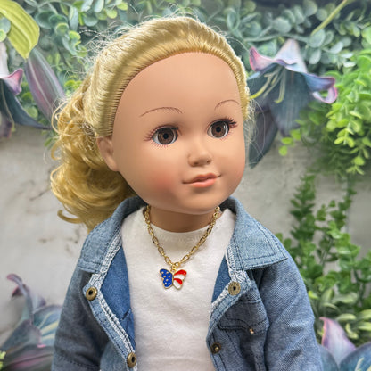American Flag Red White Blue Butterfly Charm Doll Necklace for 18 Inch Fashion Doll
