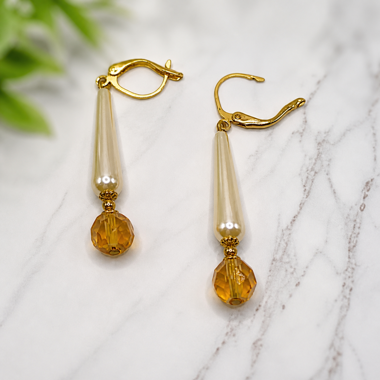 Elongated Teardrop Pearl & Gold Glass Crystal Drop Dangle Earrings - Handmade