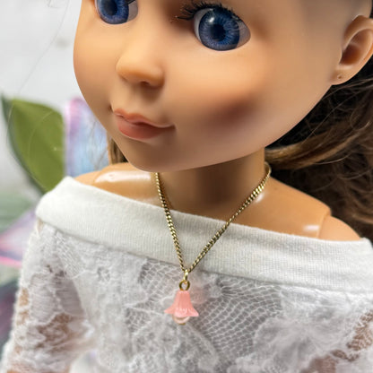 Pink Bell Flower Pearl Center Charm Gold Chain Doll Necklace • 14 Inch Fashion Doll Jewelry