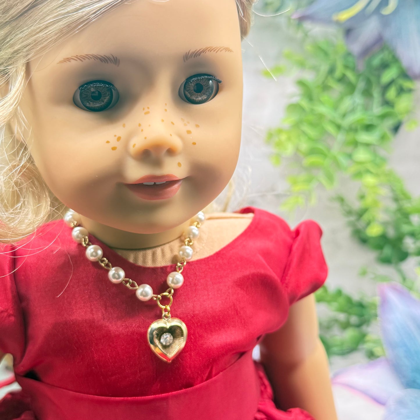 Heart Charm w/ Rhinestone Center Pearl Beaded Gold Doll Necklace • 18 Inch Fashion Doll Jewelry