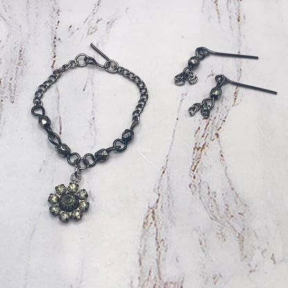 Black Smoky Rhinestone Crystal Doll Necklace Earrings Set • 16” Doll Jewelry