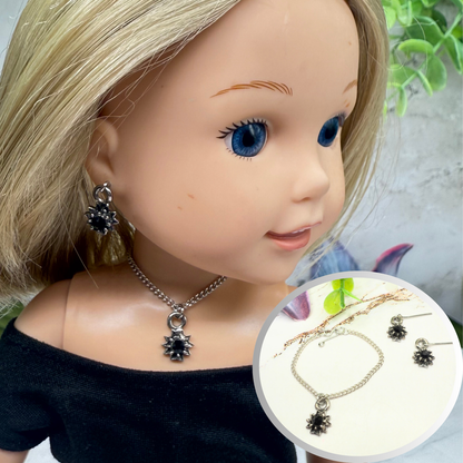 Black Rhinestone Flower Charm Silver Chain Doll Necklace & Earrings Set • 14 Inch Fashion Doll Jewelry