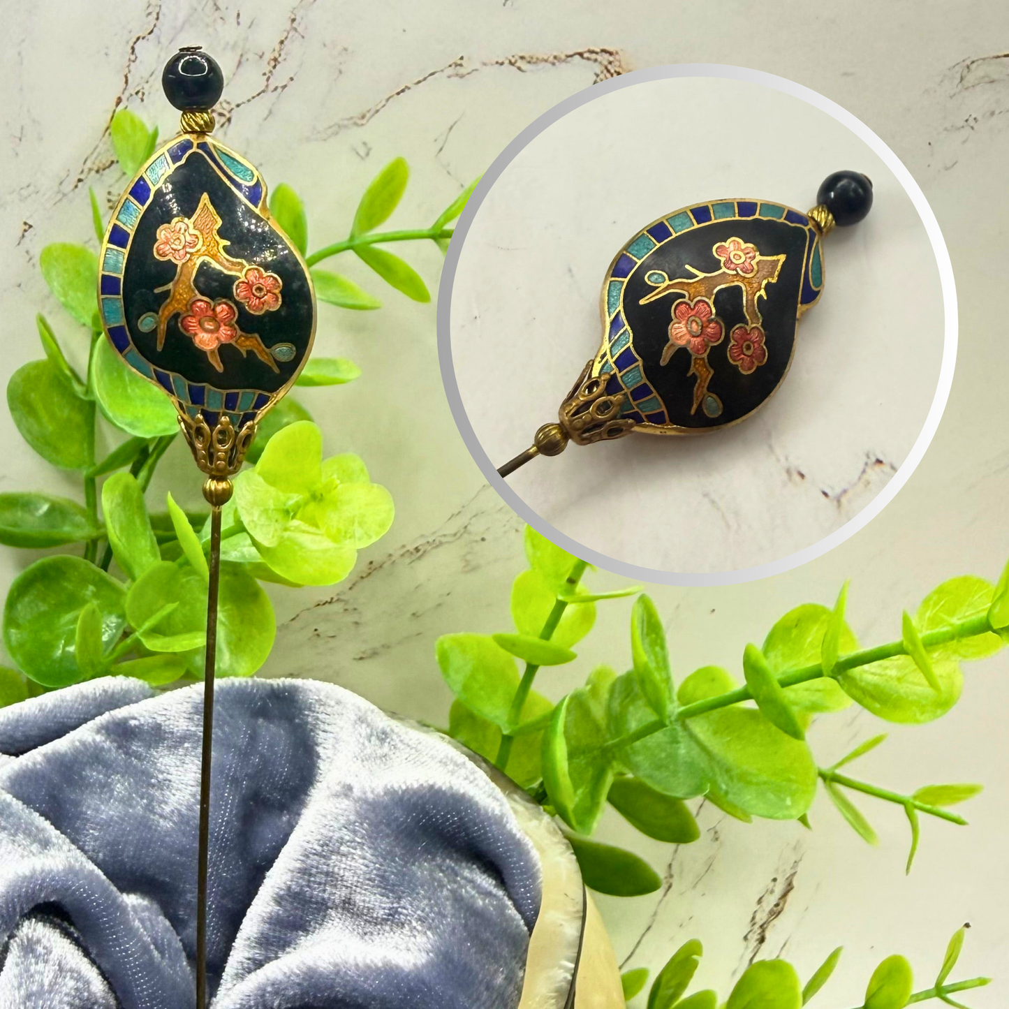 Black Shell Shape Cloisonné Cherry Blossom Branch Design Hatpin - 6 Inch