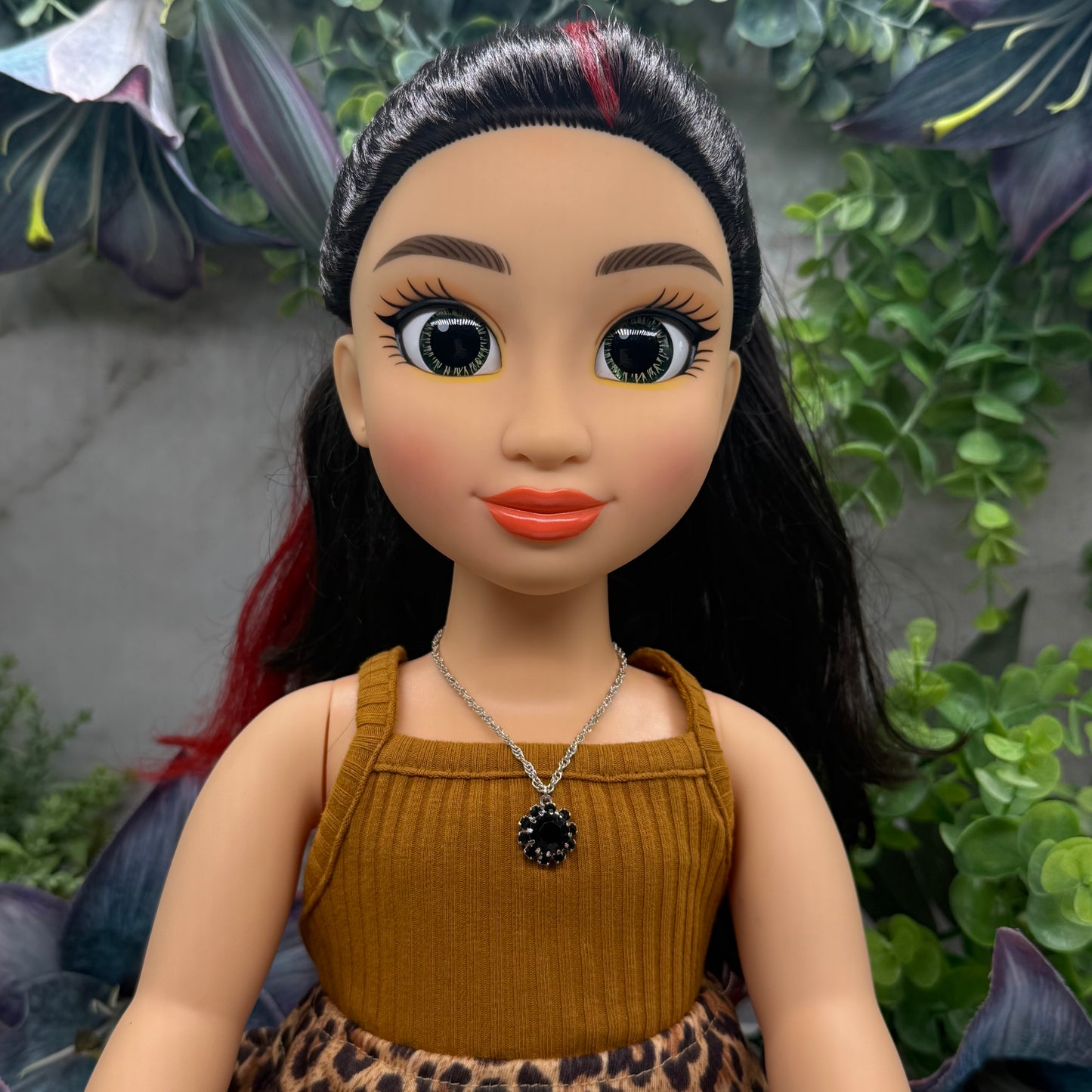 Black Rhinestone Round Flower Pendant Silver Chain Doll Necklace • 18 Inch Fashion Doll Jewelry