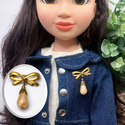 Tan Beige Glass Teardrop Pendant with Gold Tone Bow Pin • Doll Brooch