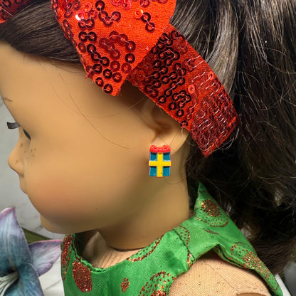 Christmas Gift Present Red Green Post Doll Earrings • 2mm Post for 18 Inch Fashion Doll