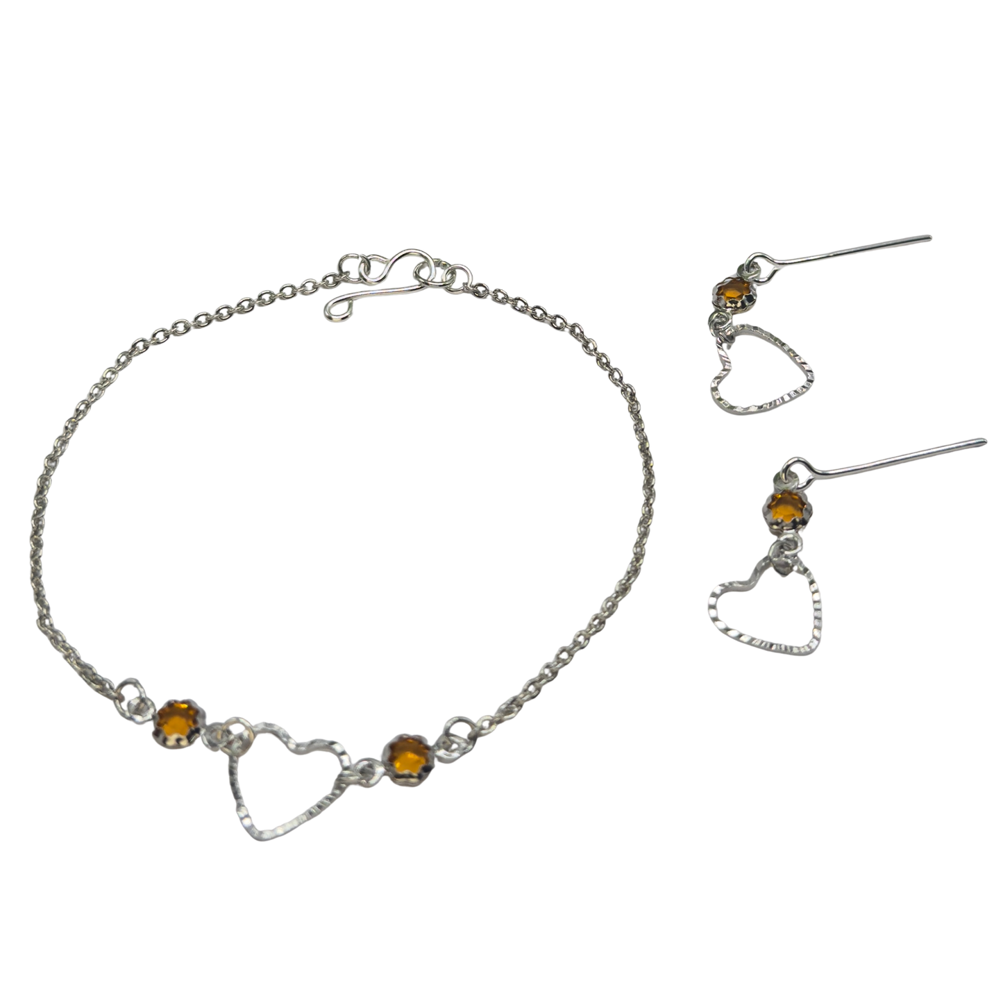 Amber Yellow Crystal Silver OpenHeart Charm Doll Necklace & Earrings • 18 Inch Fashion Doll Jewelry