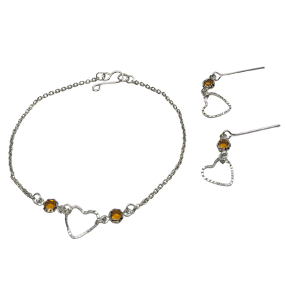 Amber Yellow Crystal Silver OpenHeart Charm Doll Necklace & Earrings • 18 Inch Fashion Doll Jewelry