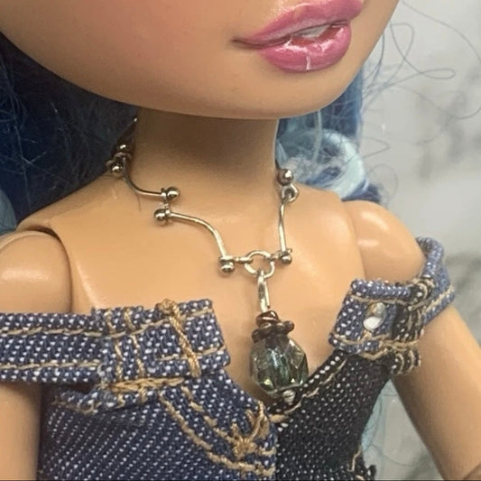 Grayish Green Glass Pendant Silver Link Doll Necklace • 10-12” Doll Jewelry 1:6