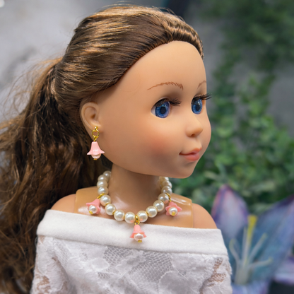 Light Pink Bell Flower Dangle Pearl Beaded Doll Necklace & Earrings • 14 Inch Fashion Doll Jewelry