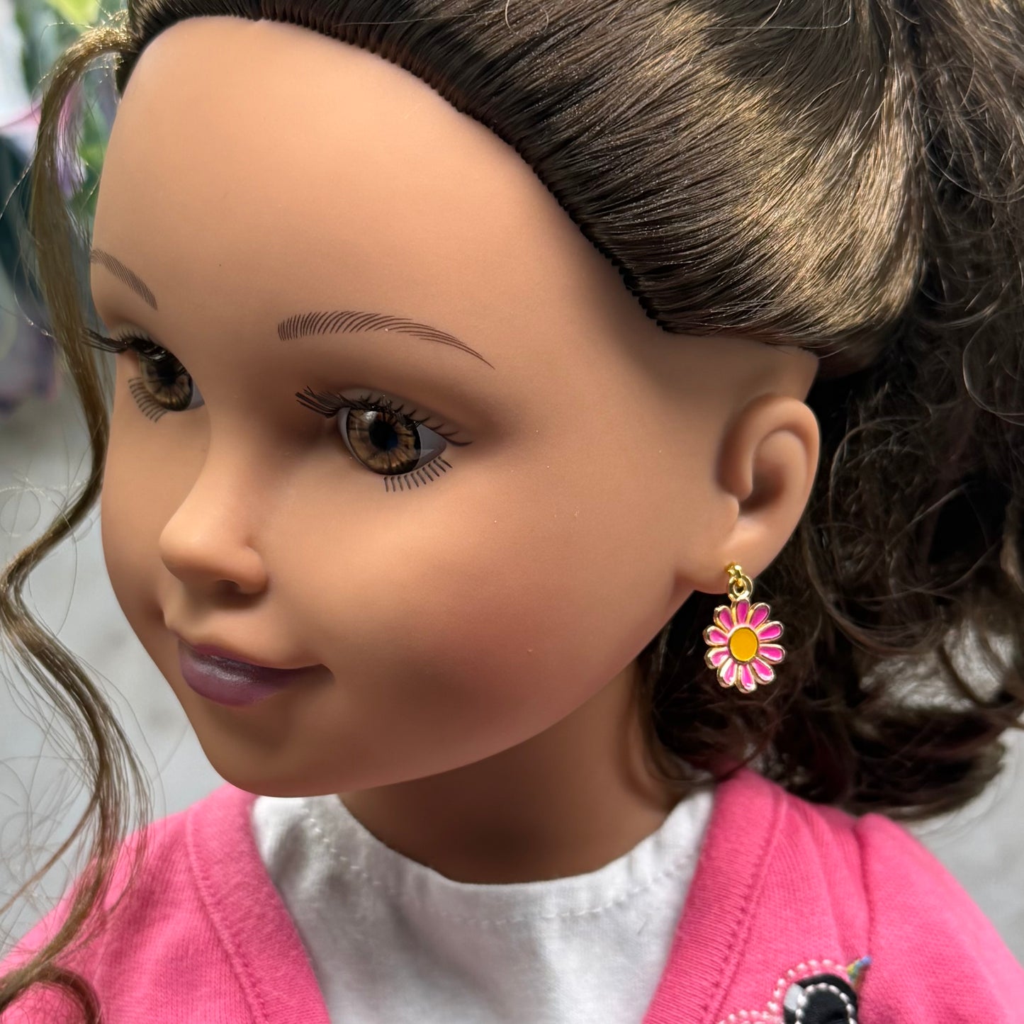 Hot Pink Daisy Flower Dangle Doll Earrings • 18 Inch Fashion Doll Jewelry