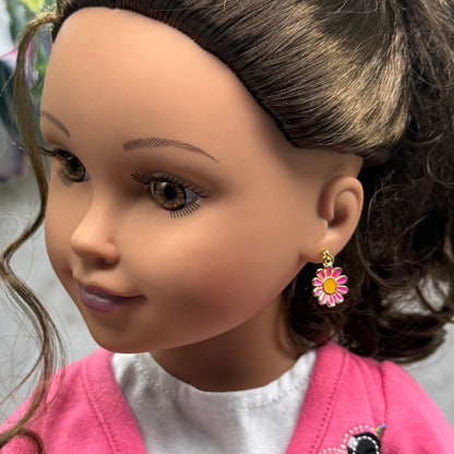 Hot Pink Daisy Flower Dangle Doll Earrings • 18 Inch Fashion Doll Jewelry