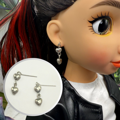 Double Silver Heart Dangle Doll Earrings • 18 Inch Fashion Doll Jewelry